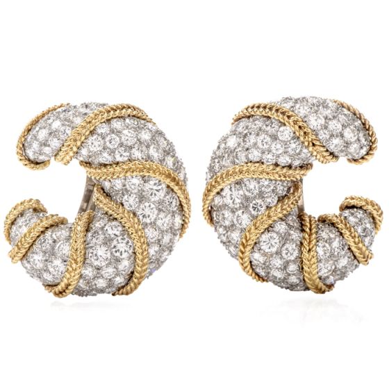 Vinatge Diamond Platinum Gold Clip-Back Half Hoop Shrimp Earrings