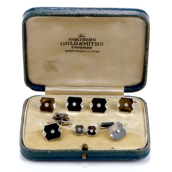 Vintage Diamond Onyx Brown Quartz Tuxedo Cufflink Button Set