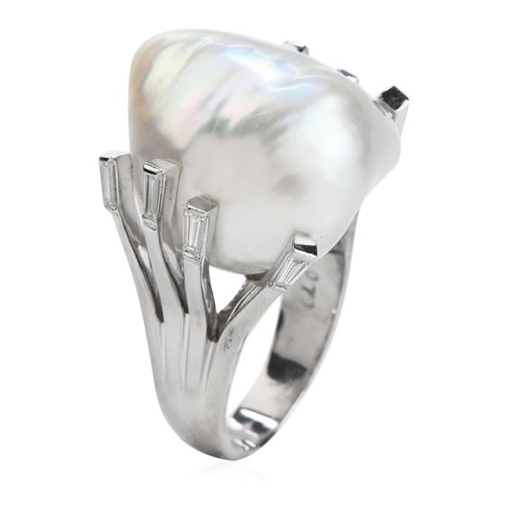 Estate Large Baroque White Pearl Platinum  Cocktail Ring