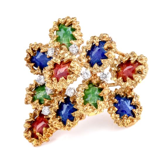 Vintage 1.20cttw Diamond 18k Gold Encrusted Enamel Brooch Pin l Dover Jewelry