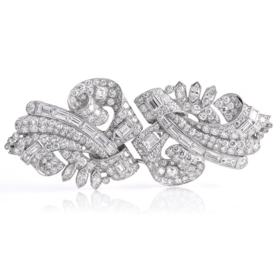 Vintage 12.82cttw Diamond Platinum Double Clip Brooch Pin