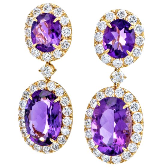 Vintage Retro 6cts Diamond Amethyst 18K Yellow Gold Halo Dangle Drop Earrings