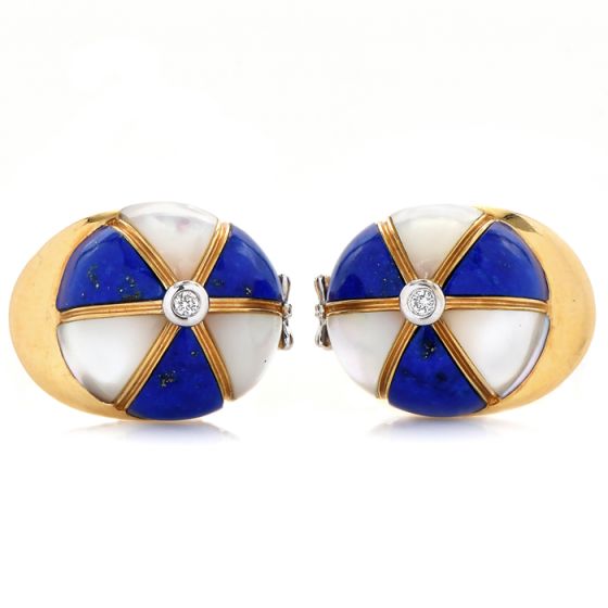 Vintage Diamond Lapis Lazuli Mother Of Pearl 18K Gold Baseball Cap Cufflinks