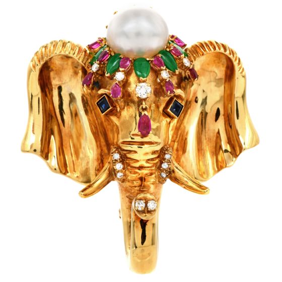 Vintage Elephant Diamond Pearl Sapphire Ruby Emerald 18K Gold Brooch Pin