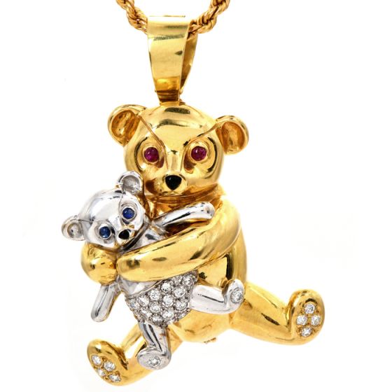 Ralston Vintage Diamond Ruby Sapphire 18K Gold Teddy Bear Collectible Pin Brooch Pendant