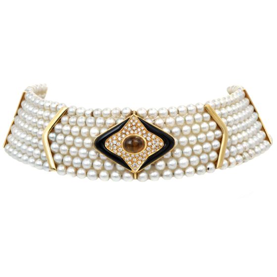 Cartier Citrine Pearl Diamond 18K Yellow Gold Choker Cuff Necklace