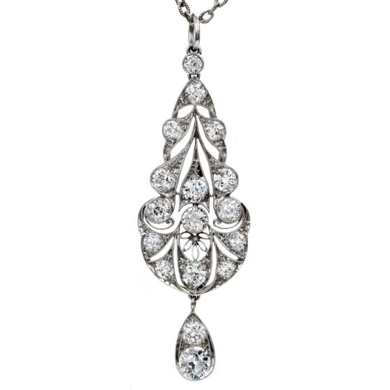 Antique Old European Cut Diamond Platinum Floral Filigree Dangle Pendant
