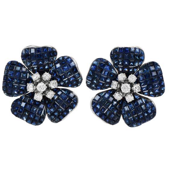 Vintage Diamond Blue Sapphire 18K White Gold Flower Clip On Earrings