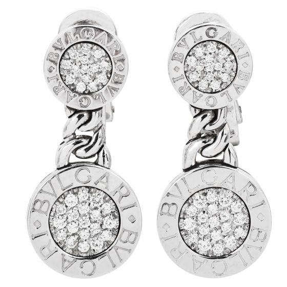 Bvlgari Pave Diamond 18K White Gold Bulgari Tubogas  Dangle Clip On Earrings