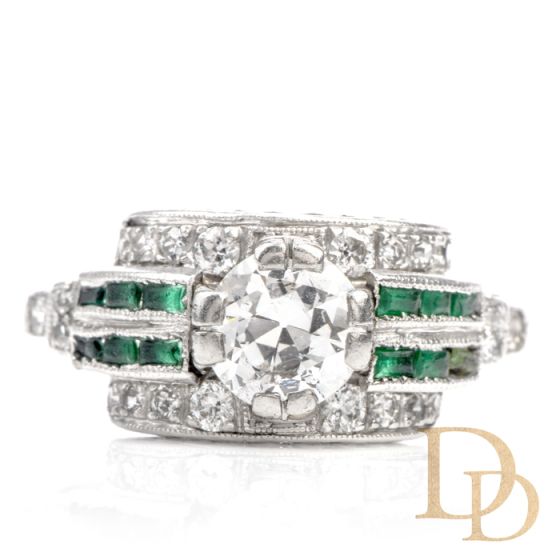 Antique 1920s Diamond Emerald Platinum Engagement Cocktail Ring