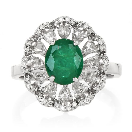 Estate Lady Diana Style Emerald Diamond 18 Karat White Gold Ring 