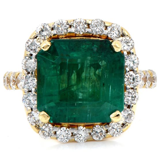 Elegant Diamond 8.08ct Genuine Emerald 18K Yellow Gold Halo Eternity Cocktail Ring