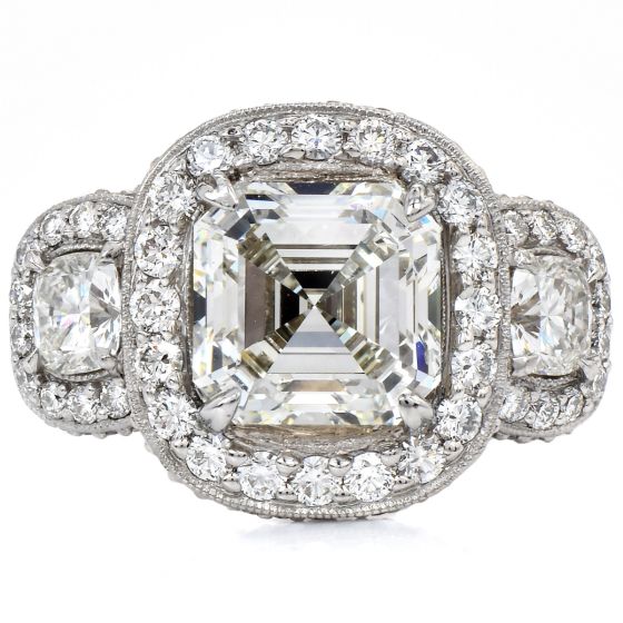 GIA 5.49ct Asscher Cut Diamond Platinum Halo Triple Stone Engagement Ring