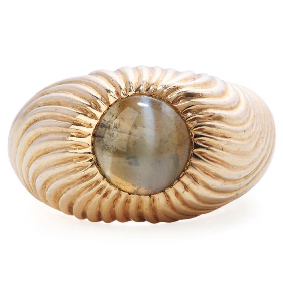 Retro Vintage Chrysoberyl Cats Eye 18K Gold Textured Men Ring