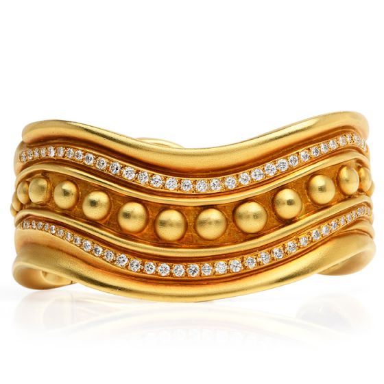 Vahe Naltchayan Vintage Diamond Heavy 18K Gold 80s Curved Bangle Bracelet 