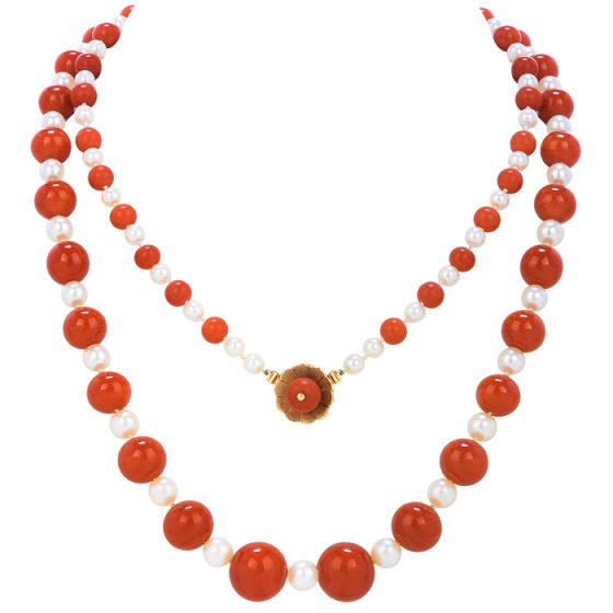 GIA Natural No Dye Coral Pearl 14K Gold Graduated Long Beaded Necklace