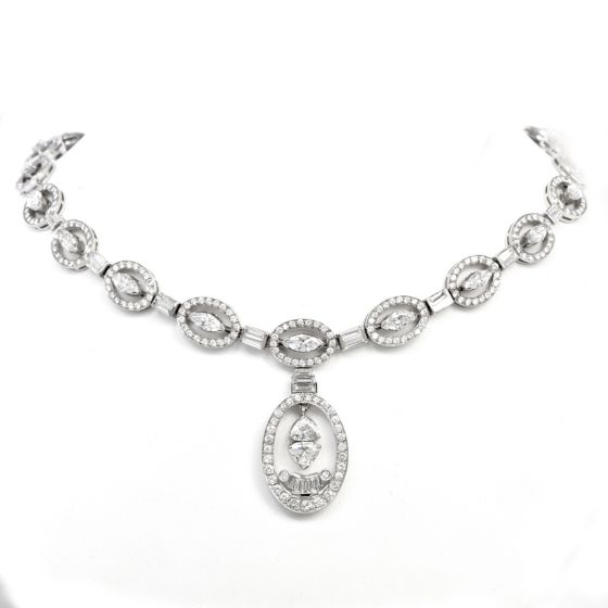 Estate 17.25 Diamond 18K White Gold Oval Drop Pendant Link Necklace