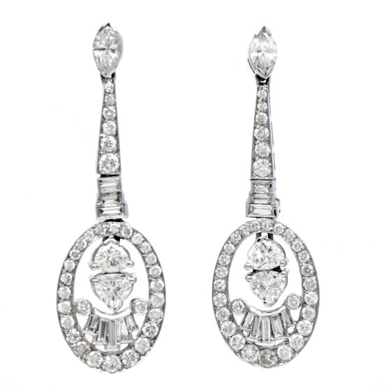 Estate 4.70cts Diamond 18K White Gold Oval Dangle Drop Earrings