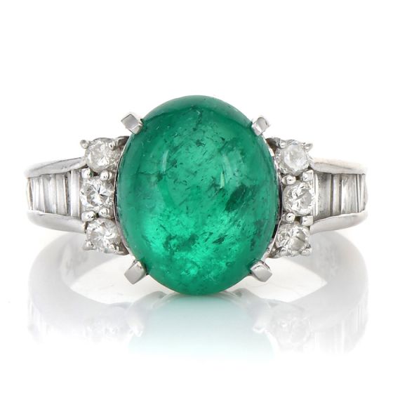 GIA 3.92ct Cabochon Emerald Diamond Platinum Cocktail Ring