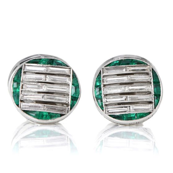 Antique Van Cleef & Arpels Diamond Emerald Platinum Round Tuxedo Cufflinks