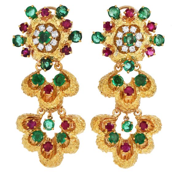 Emerald Ruby Diamond 18K Gold Flower Dangle Earrings