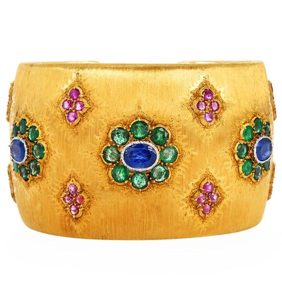 Mario Buccellati 18K Gold Precious Gemstone Cuff Bracelet- Dover Jewelry
