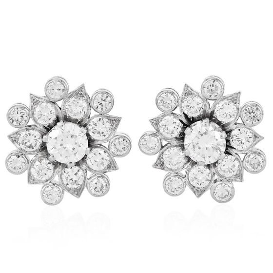 Estate 6.0 carat Diamond Platinum Flower Stud Earrings-Dover Jewelry
