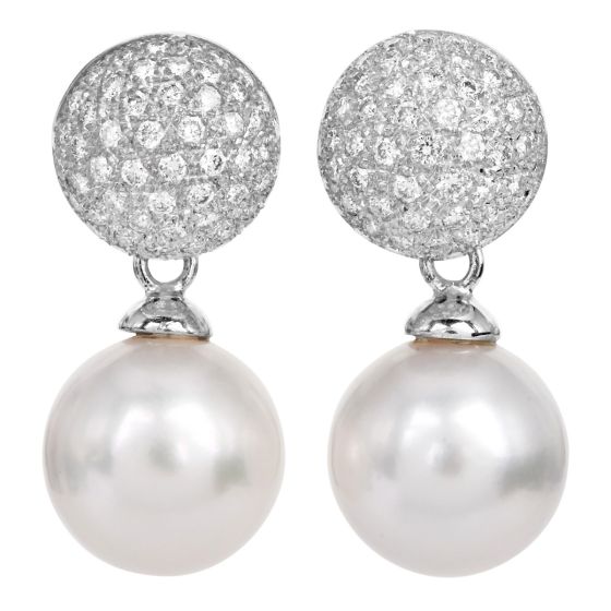 18K White Gold Diamond & 14mm Pearl Drop Earrings 