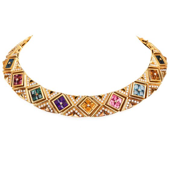 Estate Multi Gemstone Diamond 18K Gold Statement Choker Necklace-Dover Jewelry