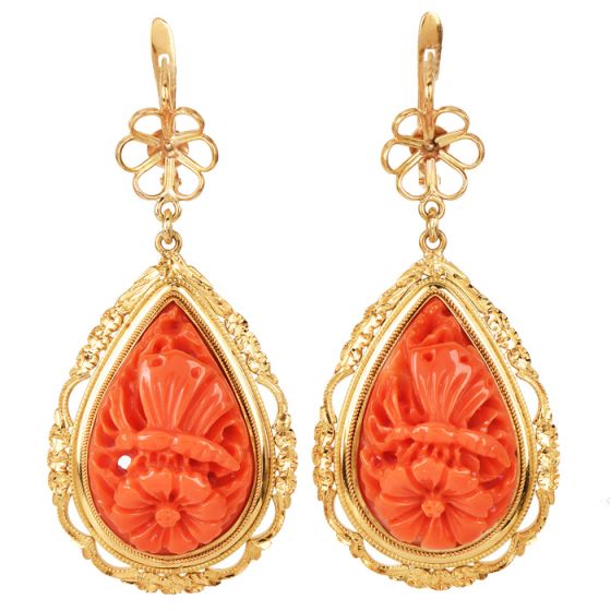 Vintage Carved Coral Butterfly Garden 18K Gold Frame Drop Earrings|DoverJewelry|