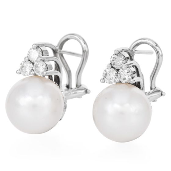 Classic 11mm Pearl Diamond 18K White Gold  Clip On Earrings