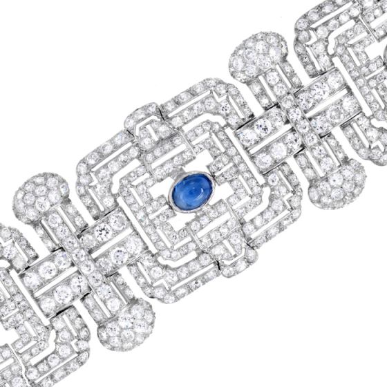 Vintage Art Deco French Diamond Sapphire Platinum Wide Bracelet