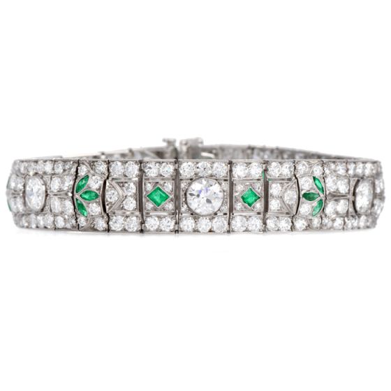 Antique Art Deco Diamond Emerald Filigree Platinum Wide Bracelet|Dover Jewelry|