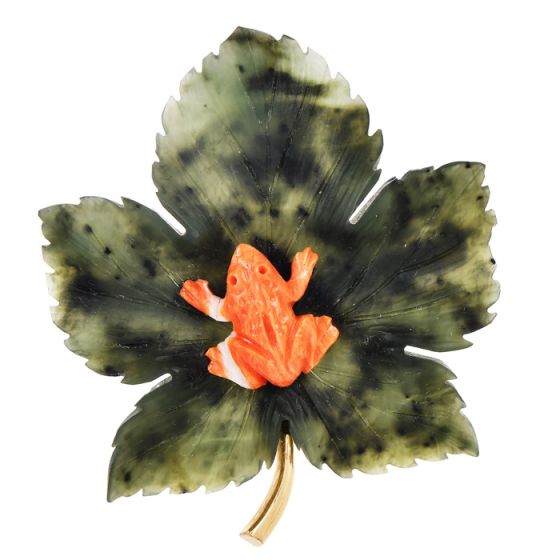 CELLINO 14K Yellow gold Coral Frog Green Jade Maple Leaf Brooch|Dover Jewelry|