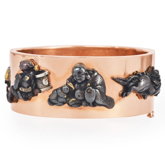 1940's Wide Gold Bangle WIth Chinese Gold Figurine Charms Bracelet|dover jewelry|