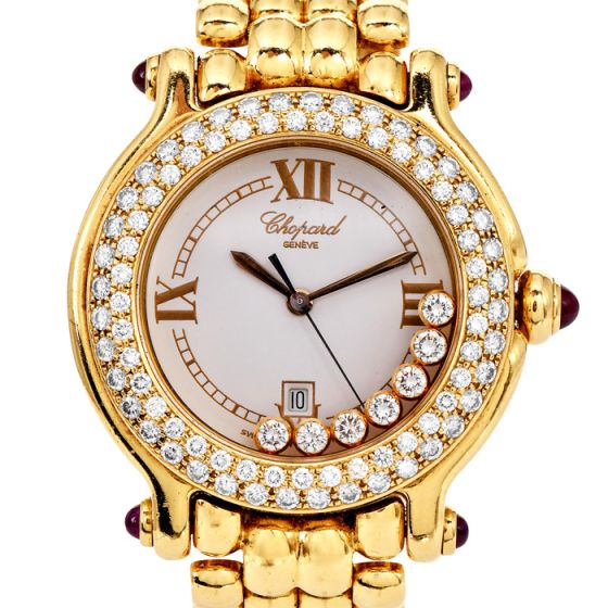 Chopard Happy Sport 18K Yellow Gold Diamonds Ruby Watch Ref 4144 |Dover Jewelry|