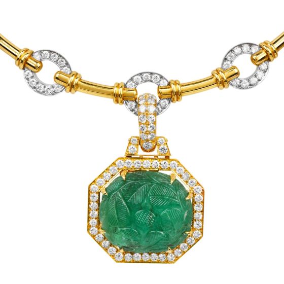 David Webb GIA 68.75 carat Carved Emerald Diamond 18K Pendant Necklace