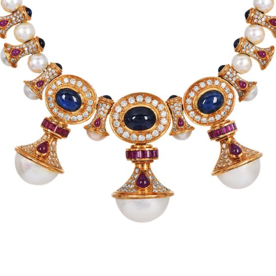 Vintage Pearl Precious Gemstone 18K Gold Statement Necklace|Dover Jewelry|