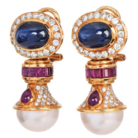 Vintage Precious Gemstone Pearl 18k Gold Statement Drop Earrings|Dover Jewelry|