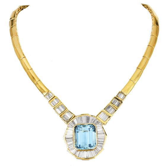 Aquamarine 36.80cts Diamond Baguette 18K Gold Collar Necklace
