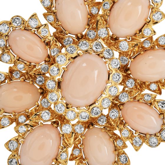 Vintage Coral Diamond 18K Gold Large Floral Brooch Pendant|Dover Jewelry|