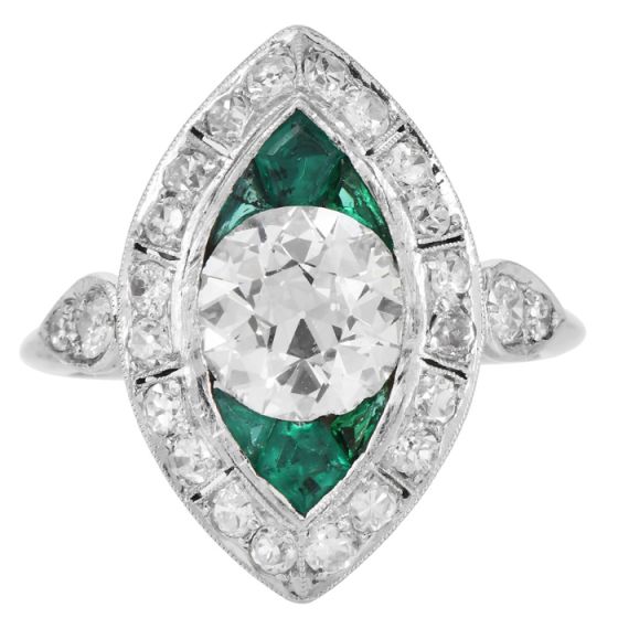 Antique Diamond 2.70cts Emerald Platinum Marquise Design Cocktail Ring|Dover Jewelry|