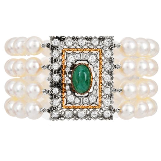 Buccellati Four-Strand Pearl Diamond Emerald 18K Bracelet