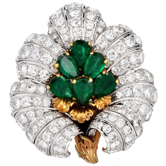 buccellati Vintage Emerald diamond 18k Gold Flower Brooch Pin