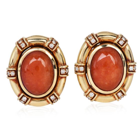 1950s Orange Jadeite Diamond Oval 14k Gold Statement Earrings 