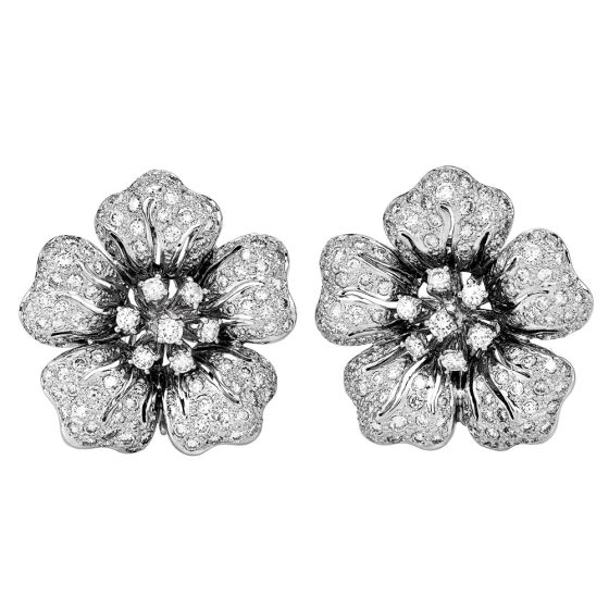 Estate 3.25cts  Diamond 18K White Gold Sparkly Flower Clip-On Earrings