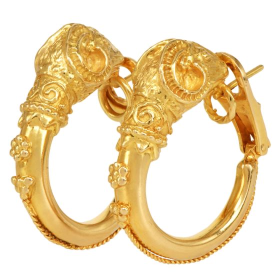 Vintage Zolotas 18K Yellow Gold Greek Ram Head Clip-On Earrings
