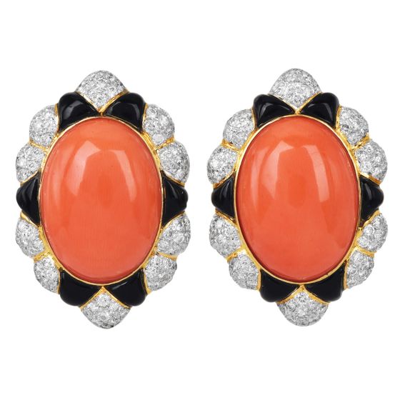 1980s Coral, Onyx, Diamond & 18K Yellow Gold Clip-On Earrings