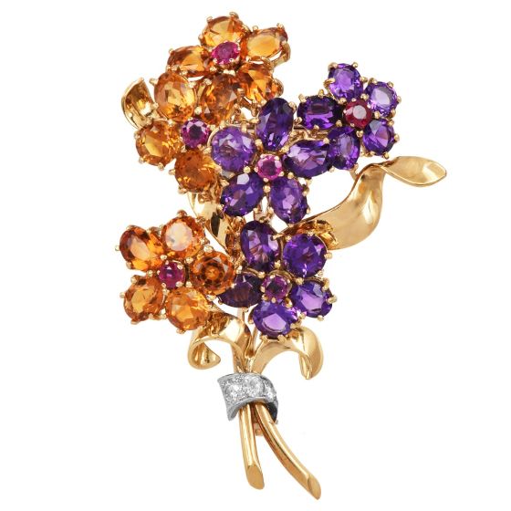  Boucheron Vintage Diamond Multi Gemstone 18K Gold Bouquet Brooch