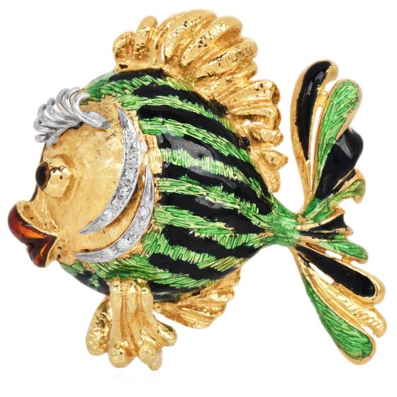  Vintage late 1970s 18K Gold Diamond Enamel Fish Brooch